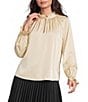Investments Long Sleeve Ruffle Split Round Neck Button Satin Blouse - Image 1