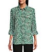 Color:Green Leopard - Image 1 - Olivia Green Leopard Point Collar Print Long Roll-Tab Sleeve Button Front Utility Blouse
