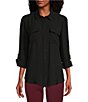 Color:Black - Image 1 - Olivia Point Collar Long Roll-Tab Sleeve Button Front Utility Blouse