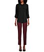 Color:Black - Image 3 - Olivia Point Collar Long Roll-Tab Sleeve Button Front Utility Blouse