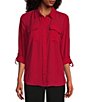 Color:Chili Pepper - Image 1 - Olivia Point Collar Long Roll-Tab Sleeve Button Front Utility Blouse