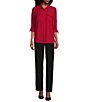 Color:Chili Pepper - Image 3 - Olivia Point Collar Long Roll-Tab Sleeve Button Front Utility Blouse