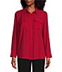 Color:Chili Pepper - Image 4 - Olivia Point Collar Long Roll-Tab Sleeve Button Front Utility Blouse