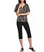 Investments Palm Stencil Print 3/4 Bubble Sleeve Split V-Neck Blouse - Image 3