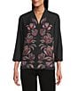 Investments Petite Caroline Signature Placed Floral Stitch Print 3/4 Sleeve Button Front Top, Color:Black Placed/Floral Stitch - Image 1