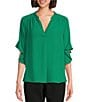 Color:Pepper Green - Image 1 - Petite Laikyn Signature V-Neck 3/4 Ruffled Sleeve Top