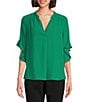 Color:Pepper Green - Image 1 - Petite Laikyn Signature V-Neck 3/4 Ruffled Sleeve Top