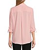 Color:Silver Pink - Image 2 - Petite Size Olivia Point Collar Long Roll-Tab Sleeve Button Front Utility Blouse