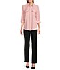 Color:Silver Pink - Image 3 - Petite Size Olivia Point Collar Long Roll-Tab Sleeve Button Front Utility Blouse