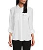 Color:White - Image 1 - Petite Size Olivia Point Collar Long Roll-Tab Sleeve Button Front Utility Blouse