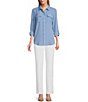 Color:Blissful Blue - Image 3 - Petite Size Olivia Point Collar Long Roll-Tab Sleeve Button Front Utility Blouse