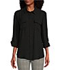 Color:Black - Image 1 - Petite Size Olivia Point Collar Long Roll-Tab Sleeve Button Front Utility Blouse