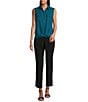 Color:Deep Lagoon - Image 5 - Petite Point Collar Sleeveless Button Tie Front Top