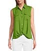 Color:Kelp Forest - Image 1 - Petite Point Collar Sleeveless Button Tie Front Top