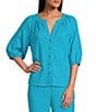 Investments Petite Size 3/4 Sleeve Palm Tree Embroidery Y-Neck Button Down Coordinating Blouse - Image 6