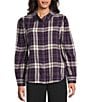 Investments Petite Size Blackberry Plaid Long Sleeve Point Collar Button Front Top, Color:Blackberry Plaid - Image 1
