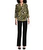 Investments Petite Size Caroline Signature Green Zebra V-Neck 3/4 Sleeve Button Front Top, Color:Green Zebra - Image 3