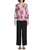 Investments Petite Size Caroline Signature Linear Floral Border Print 3/4 Sleeve Button Front Top, Color:Very Berry Linear/Floral Border - Image 3