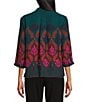Investments Petite Size Caroline Signature Stamp Border Print 3/4 Sleeve Button Front Top, Color:Everglade Stamp Border - Image 2