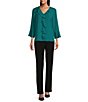 Color:Everglade - Image 3 - Petite Size Riley Woven Cascading Ruffled V-Neck 3/4 Sleeve Top
