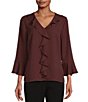 Color:Bitter Chocolate - Image 1 - Petite Size Riley Woven Cascading Ruffled V-Neck 3/4 Sleeve Top
