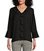 Color:Black - Image 1 - Petite Size Riley Woven Cascading Ruffled V-Neck 3/4 Sleeve Top