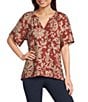 Investments Petite Size Chili Scroll Print Short Ruffle Sleeve Split-V Neck Blouse - Image 1