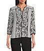 Investments Petite Size Dotted Paisley Mixed Print Woven 3/4 Sleeve Split Round Neck Blouse - Image 1