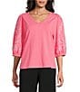 Investments Petite Size Elbow Sleeve Embroidery V-Neck Knit Top - Image 1