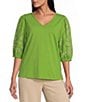 Investments Petite Size Elbow Sleeve Embroidery V-Neck Knit Top - Image 5