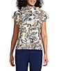 Investments Petite Size Knit Buttercream/Blue Paisley Short Sleeve High Neck Ottoman Top, Color:Buttercream/Blue Paisley - Image 1