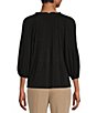 Color:Black - Image 2 - Petite Size Knit Pleated Tie V-Neck 3/4 Sleeve Top