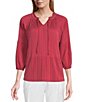 Color:Earth Red - Image 1 - Petite Size Knit Pleated Tie V-Neck 3/4 Sleeve Top