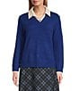 Investments Petite Size Long Sleeve Point Collar Twofer Sweater, Color:Bellwether Blue - Image 2