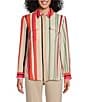 Color:Poetic Stripe - Image 3 - Petite Size Olivia Point Collar Poetic Stripe Long Roll-Tab Sleeve Button Front Utility Blouse