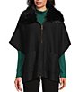 Investments Petite Size Removeable Faux Fur Collar Two-Way Zip Front Sweater Poncho, Color:Black - Image 7