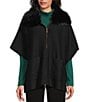 Investments Petite Size Removeable Faux Fur Collar Two-Way Zip Front Sweater Poncho, Color:Black - Image 1