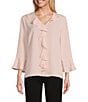 Color:Crystal Rose - Image 1 - Petite Size Riley Woven Cascading Ruffled V-Neck 3/4 Sleeve Top