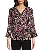 Color:Floral Sprigs - Image 1 - Petite Size Riley Woven Floral Sprigs Cascading Ruffled V-Neck 3/4 Sleeve Top