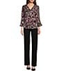 Color:Floral Sprigs - Image 3 - Petite Size Riley Woven Floral Sprigs Cascading Ruffled V-Neck 3/4 Sleeve Top