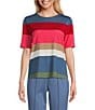 Color:Multi Stripe - Image 1 - Petite Size Short Sleeve Crew Neck Multi Stripe Knit Top