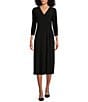 Color:Black - Image 1 - Petite Size Soft Separates Surplice V-Neck 3/4 Sleeve Faux Wrap Midi Dress