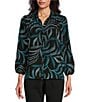 Color:Stippled Palms - Image 1 - Petite Size Stippled Palms Print Woven Point Collar 3/4 Sleeve Button Front Top