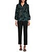 Color:Stippled Palms - Image 3 - Petite Size Stippled Palms Print Woven Point Collar 3/4 Sleeve Button Front Top