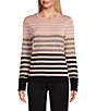 Color:Silver Pink Stripe - Image 1 - Petite Size Stripe Crew Neck Long Sleeve Button Cuff Sweater