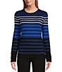 Color:Blue Depths Stripe - Image 1 - Petite Size Stripe Crew Neck Long Sleeve Button Cuff Sweater