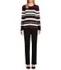 Color:Wine Stripe - Image 3 - Petite Size Stripe Print Crew Neck Long Button Sleeve Sweater