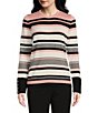 Color:Mellow Rose Stripe - Image 1 - Petite Size Stripe Print Crew Neck Long Button Sleeve Sweater