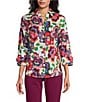 Color:Brushed Floral - Image 1 - Petite Size Taylor Gold Label Non-Iron Brushed Floral Point Collar 3/4 Sleeve Point Collar Y-Neck Button Front Shirt