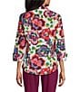 Color:Brushed Floral - Image 2 - Petite Size Taylor Gold Label Non-Iron Brushed Floral Point Collar 3/4 Sleeve Point Collar Y-Neck Button Front Shirt